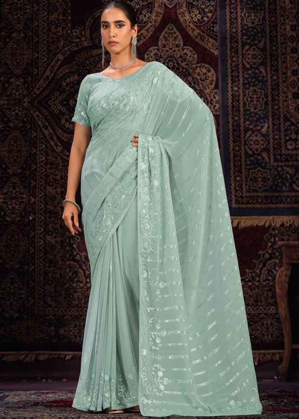 Green Sequins Work Georgette Saree