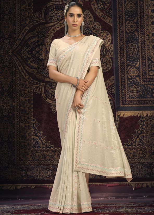 Off White Saree In Sequins Embroidery