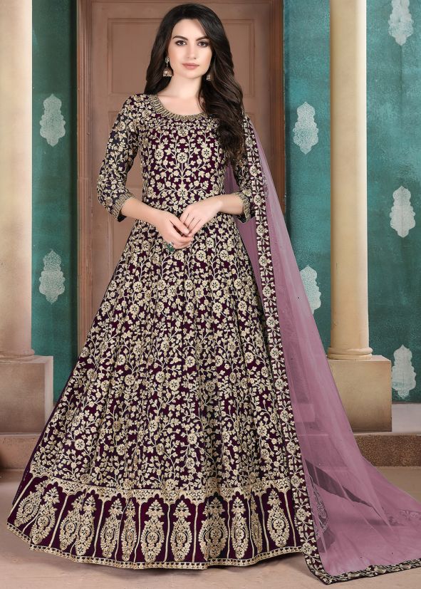 Maroon Thread Embroidered Salwar Suit Set