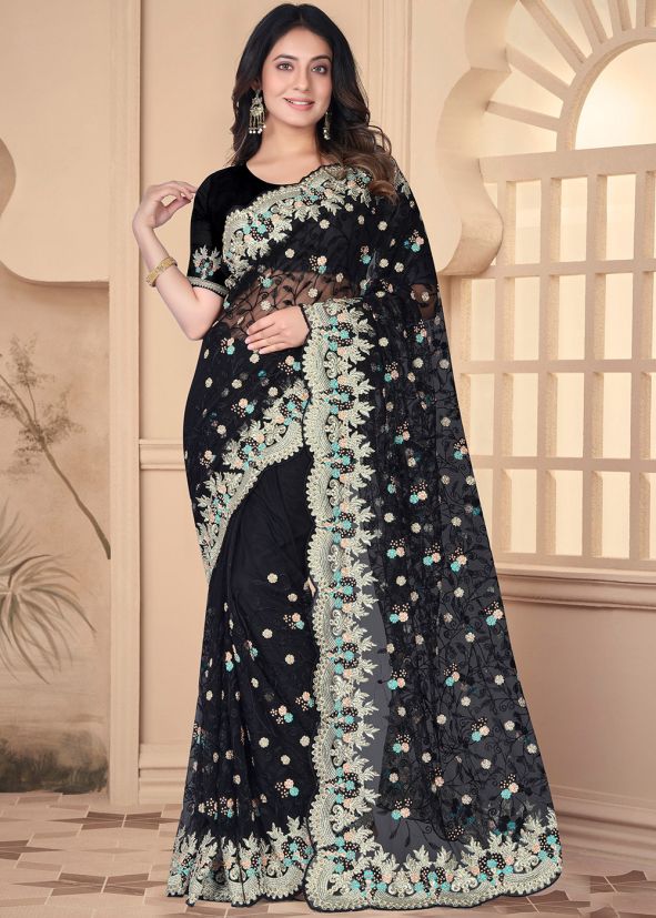 Black Thread Embroidered Net Saree