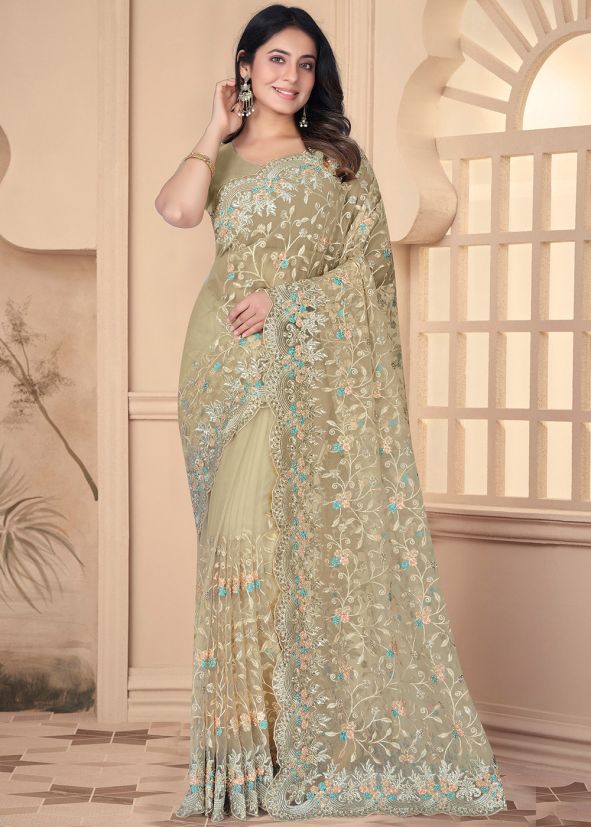 Beige Net Saree In Thread Embroidery