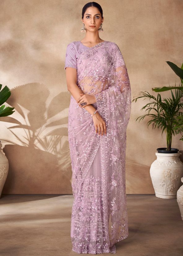 Lavender Sequins Embellished Saree In Net