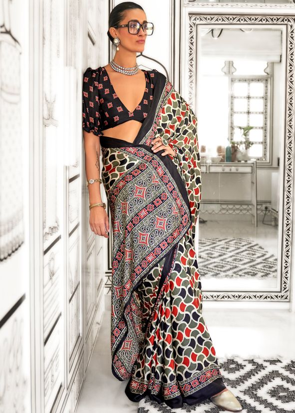 Multicolor Digital Print Saree In Satin