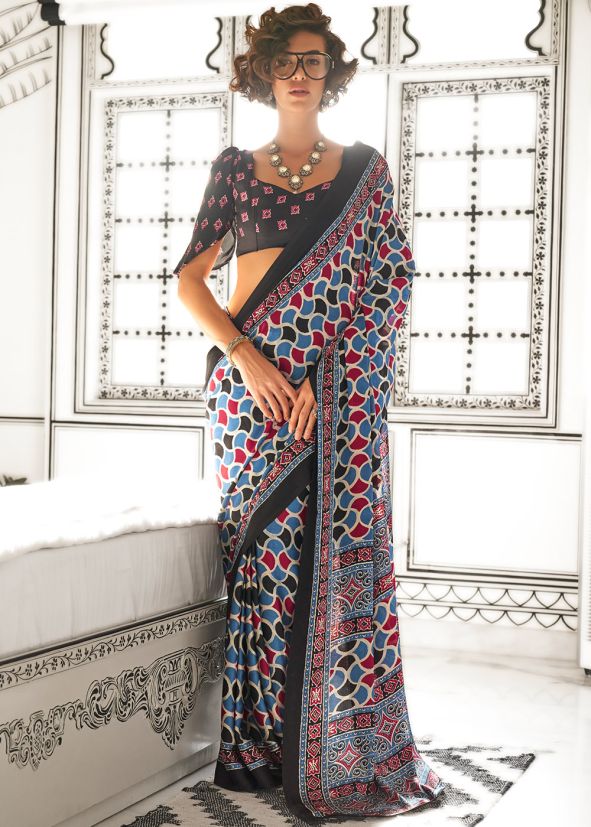 Multicolor Digital Print Saree In Satin