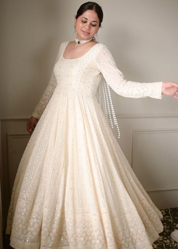 Off White Readymade Embroidered Anarkali Set