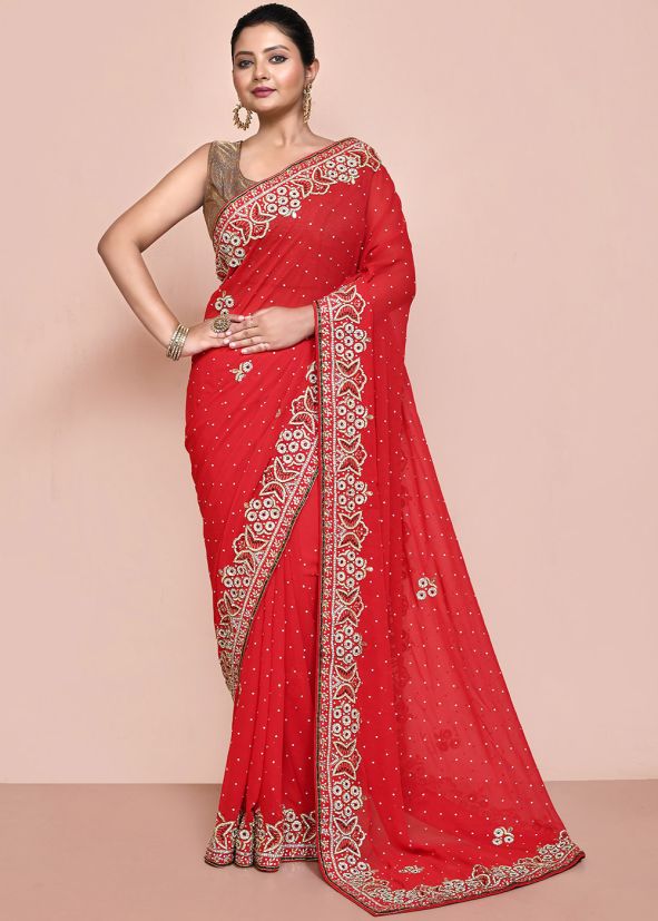 Red Handwork Embroidered Georgette Saree