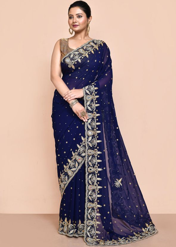 Navy Blue Handwork Georgette Saree & Blouse