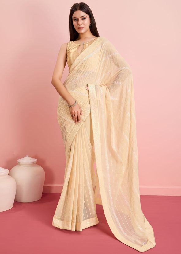 Beige Sequins Work Saree In Art Silk