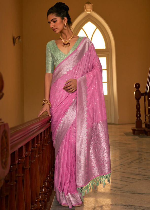 Pink Zari Woven Work Crape Saree