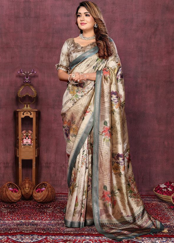 Brown Digital Printed Art Silk Saree
