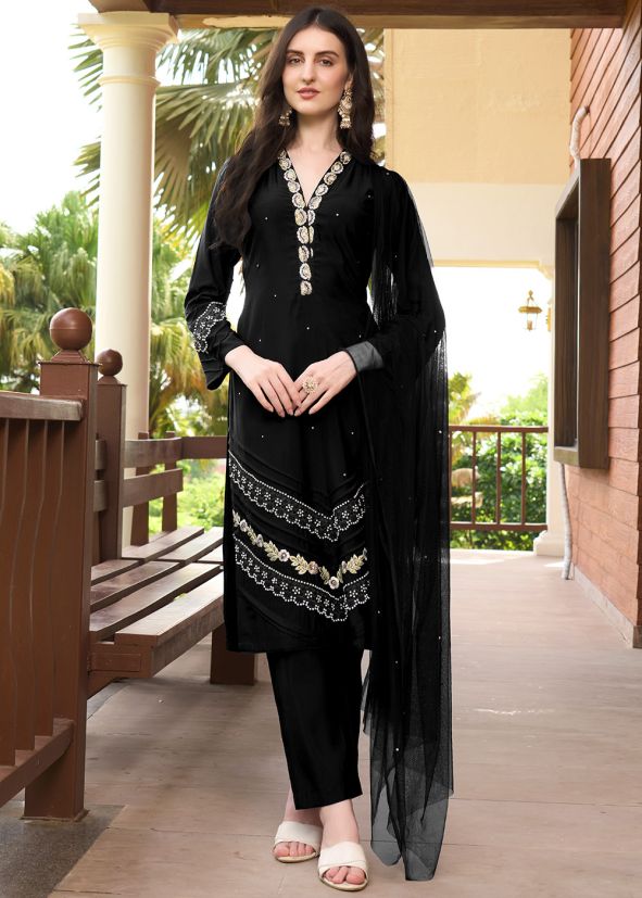 Black Thread Work Readymade Pant Suit Set