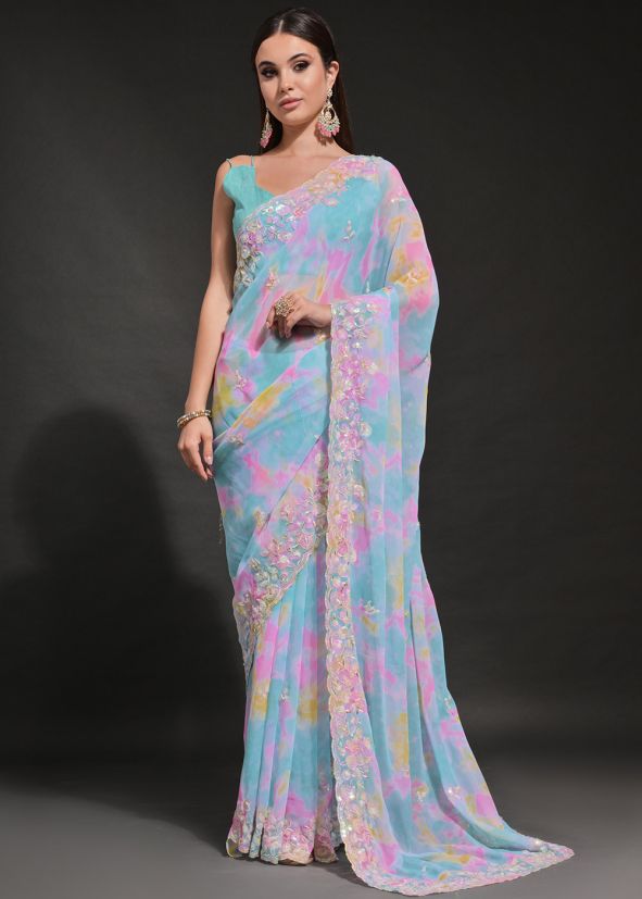 Blue Sequins Embroidered Georgette Saree