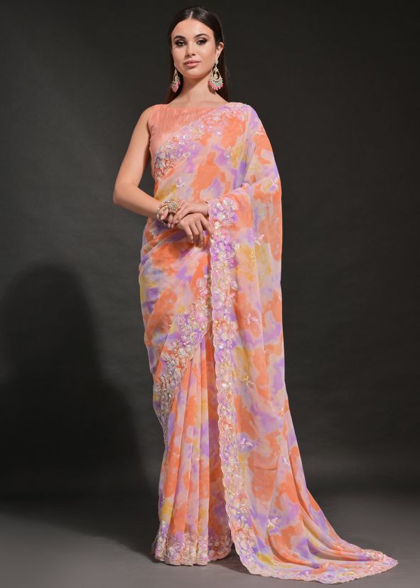 Orange Sequins Embroidered Georgette Saree