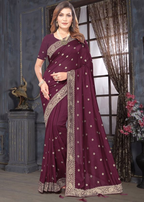 Wine Thread Embroidered Saree In Georgette