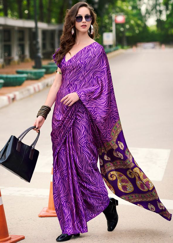 Purple Printed Saree With Blouse