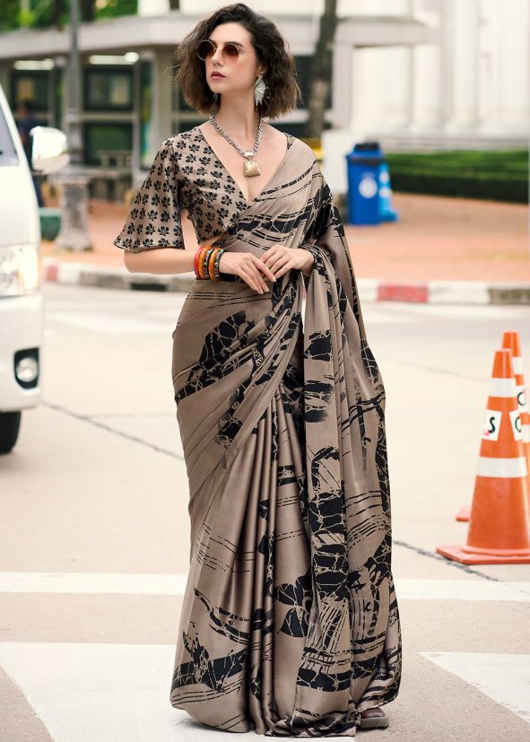 Brown Printed Satin Saree With Blouse