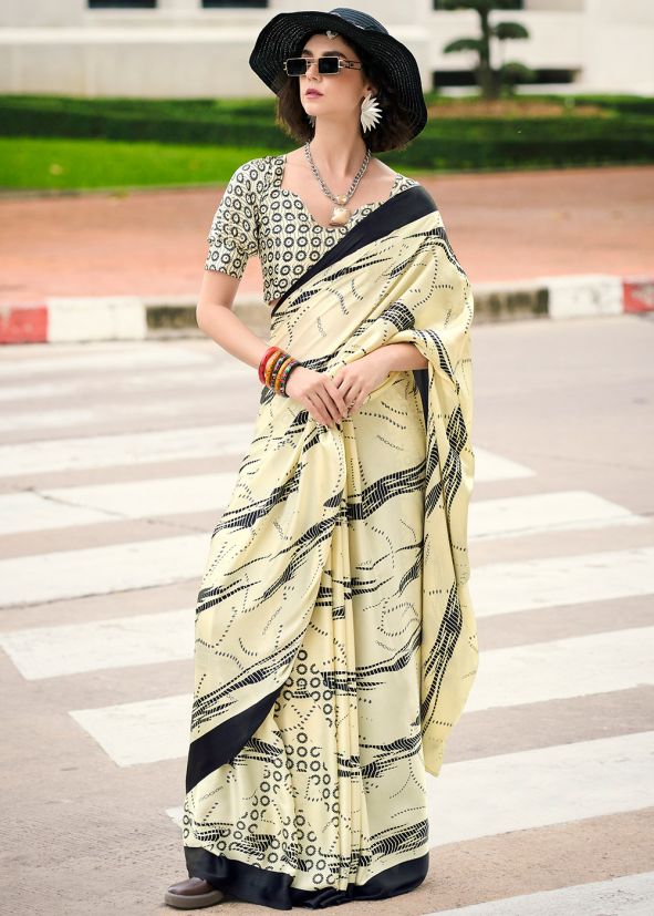 Cream Printed Saree With Blouse