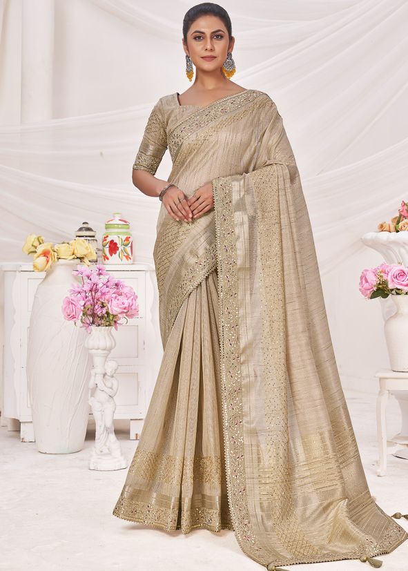 Beige Embroidered Saree In Silk