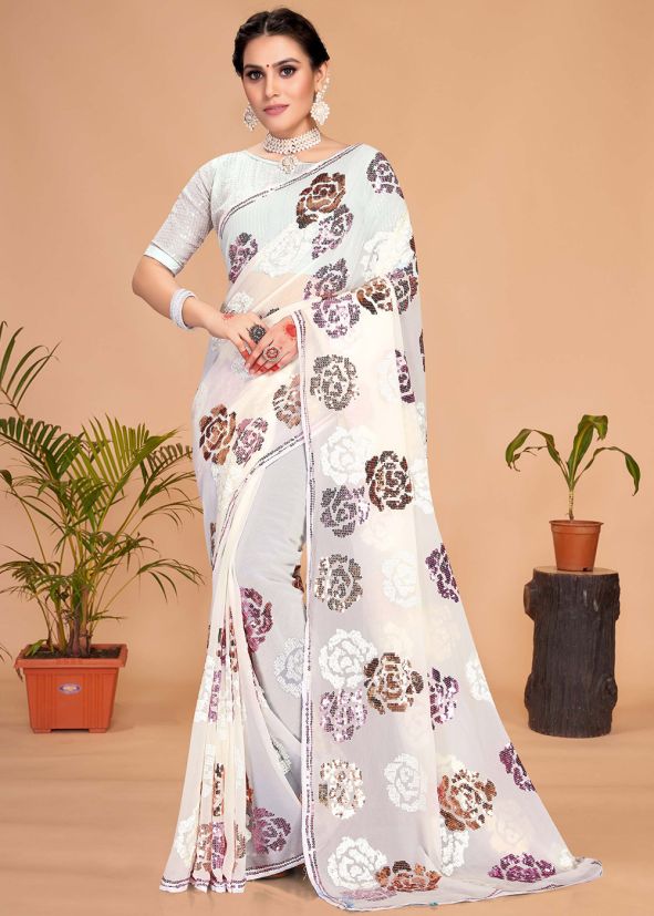 White Georgette Saree In Sequins Work