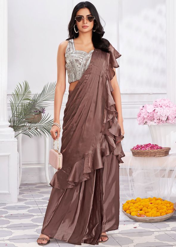 Brown Readymade Ruffled Satin Saree With Blouse