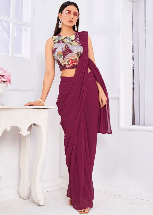 Maroon Readymade Georgette Plain Saree 