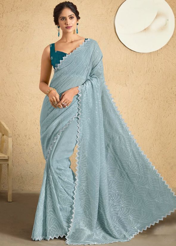 Grey Silk Saree In Thread Embroidery