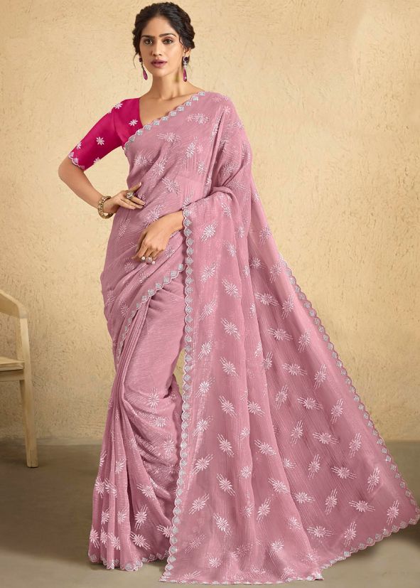 Mauve Pink Sequins Work Saree