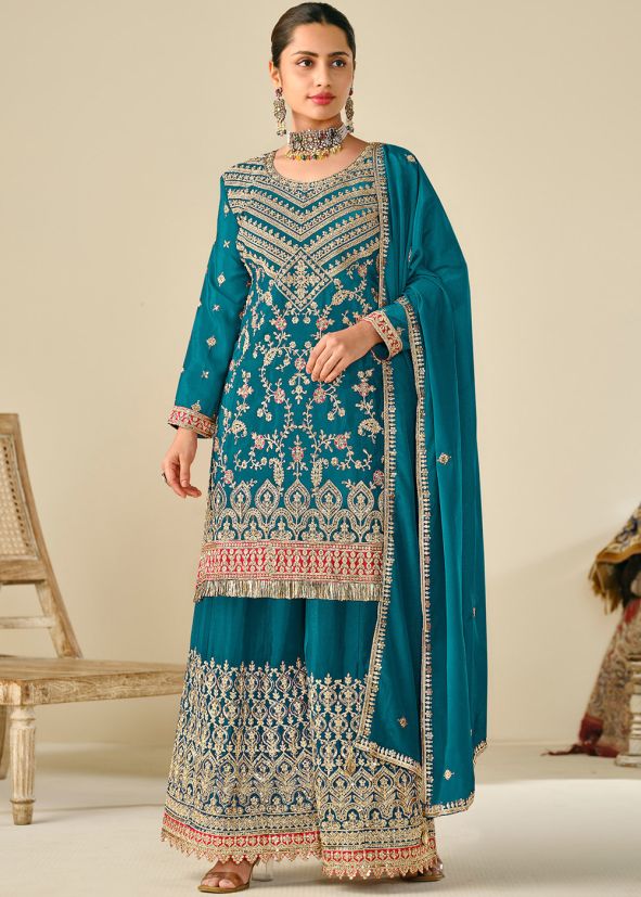 Blue Sequin Work Chiffon Salwar Suit Set