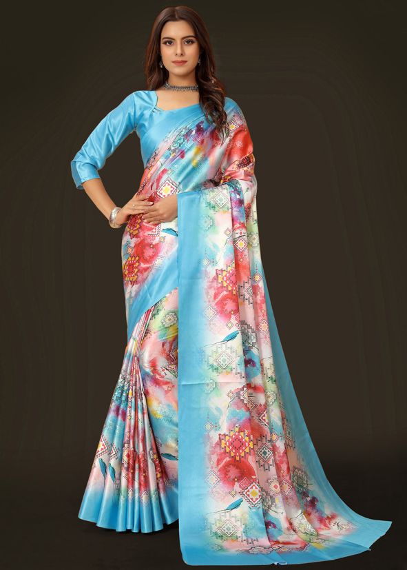 Multicolor Digital Printed Saree In Satin