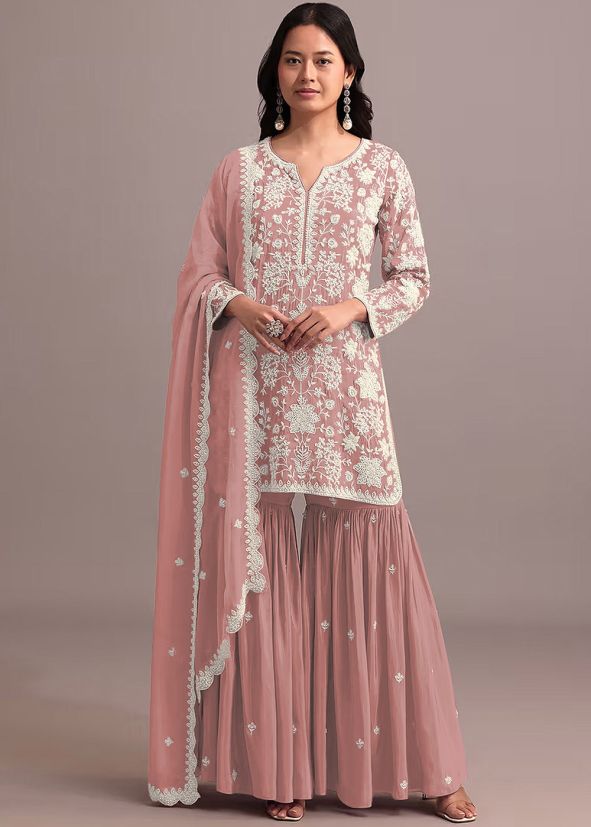 Peach Thread Embroidered Gharara Suit