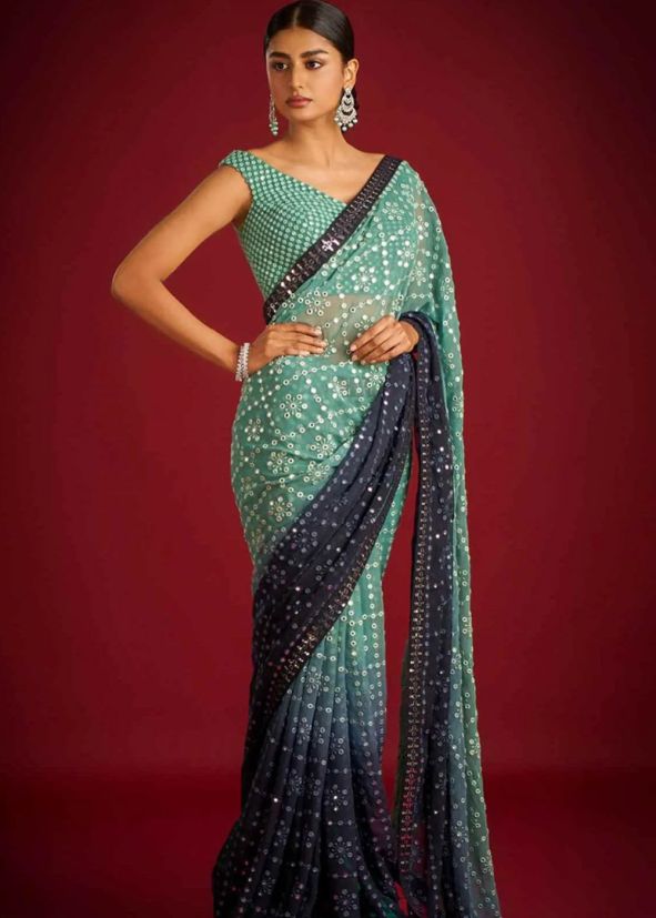 Green Georgette Saree In Mirror Work