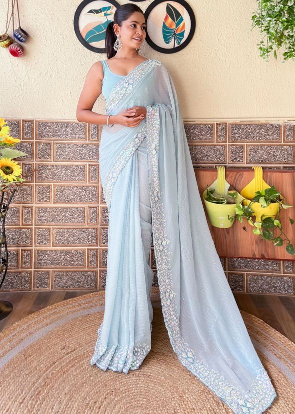 Sky Blue Sequins Embroidered Border Saree