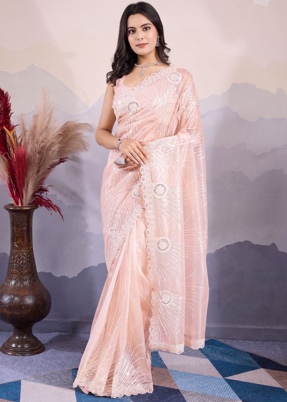 Peach Net Saree In Sequins Work