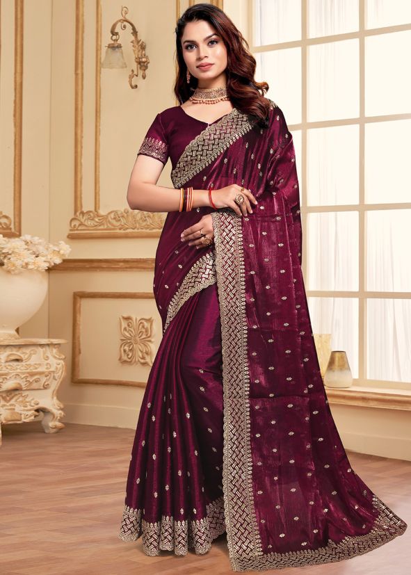 Wine Embroidered Saree With Blouse
