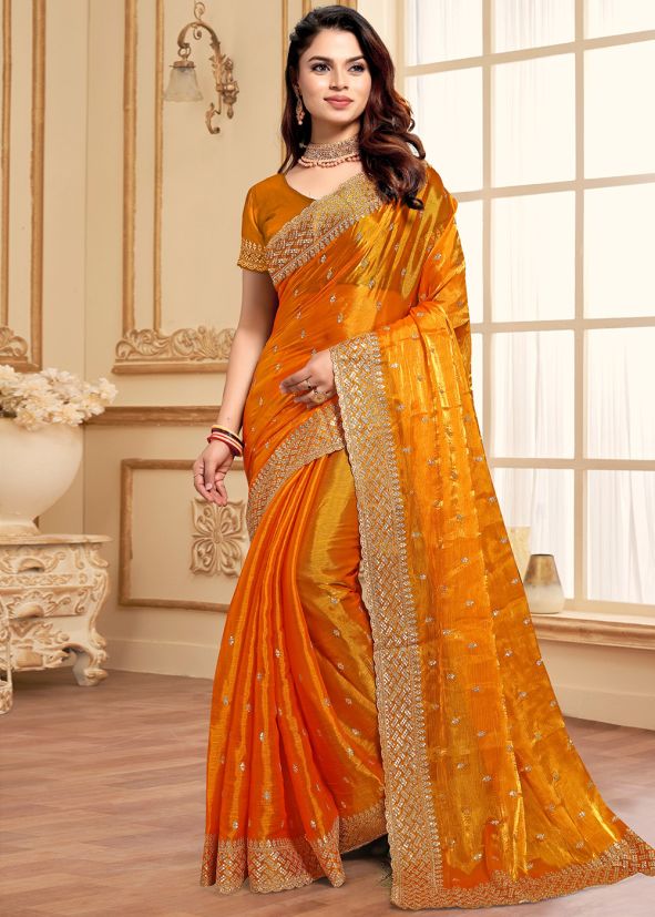 Orange Embroidered Saree With Blouse