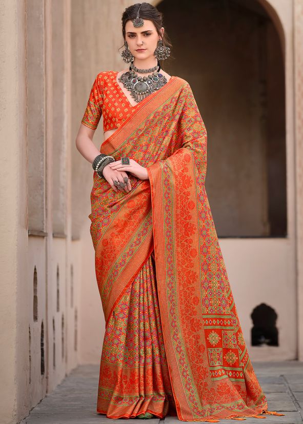 Orange Printed Art Silk Saree