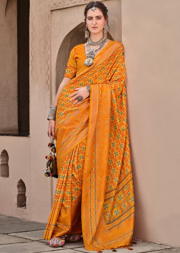 Mustard Yellow Printed Saree