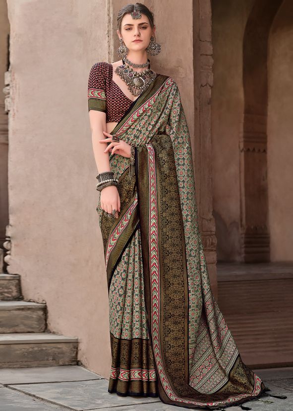 Brown Art Silk Printed Saree