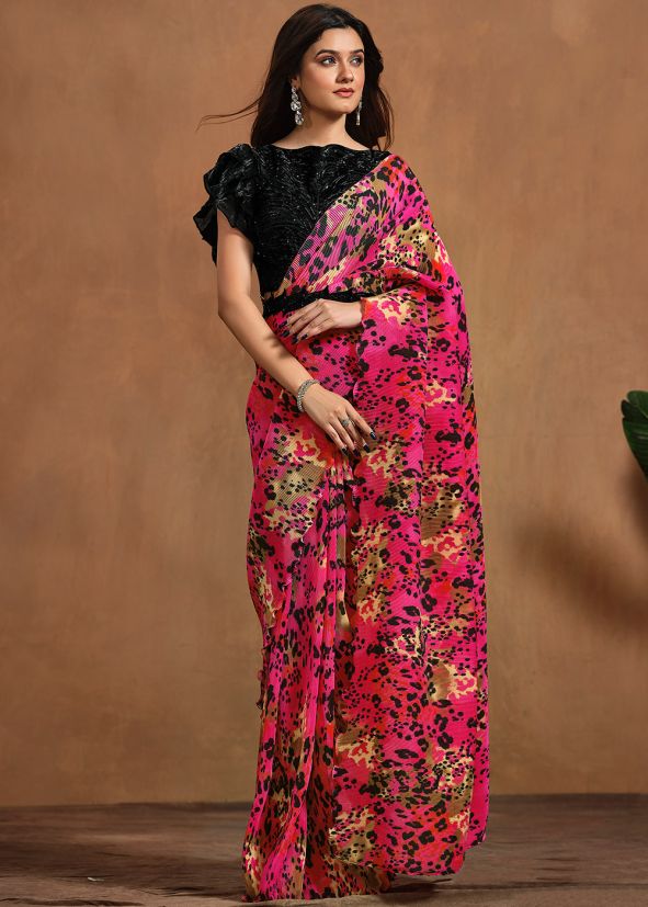 Readymade Pink Digital Print Pleated Saree