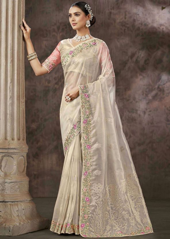 Off White Tissue Saree In Thread Embroidery