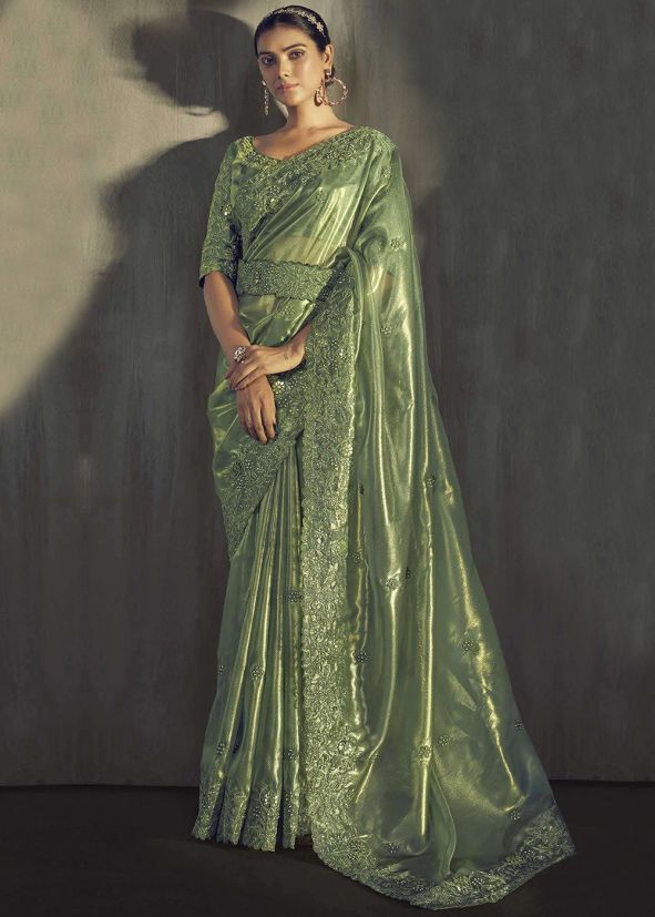 Green Embroidered Tissue Saree & Blouse