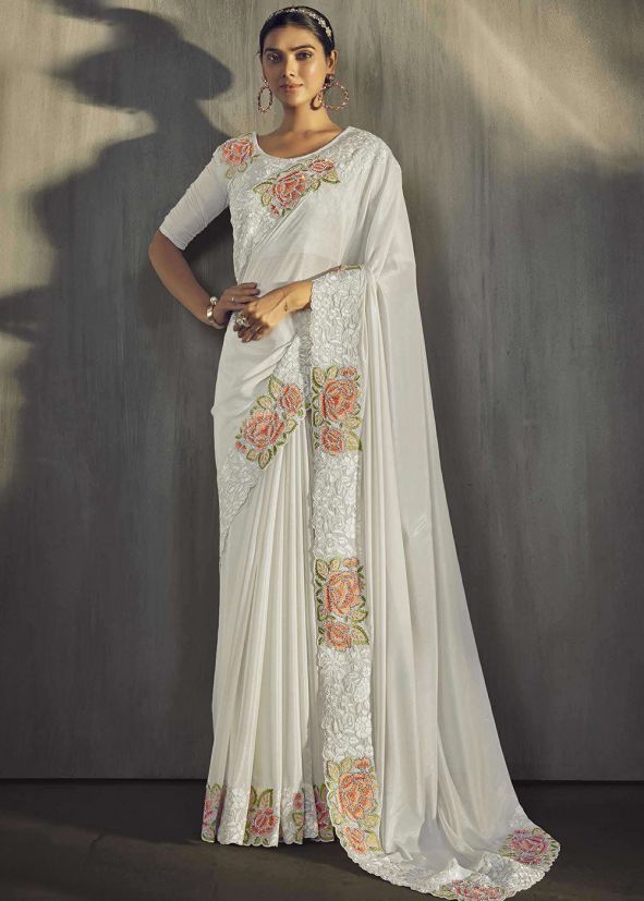 White Thread Embroidered Georgette Saree