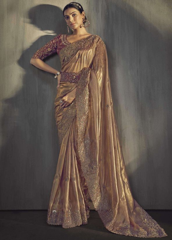 Metallic Brown Embroidered Border Saree
