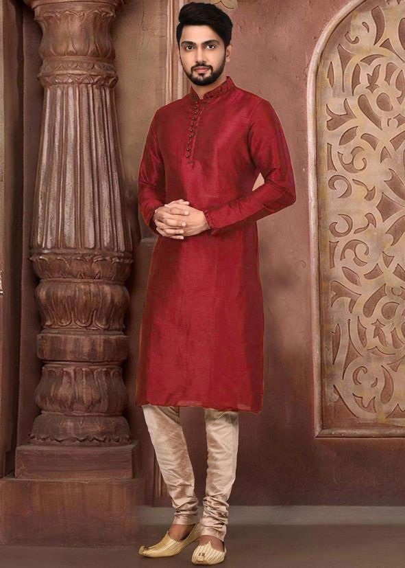 Readymade Red Plain Kurta Churidaar Set