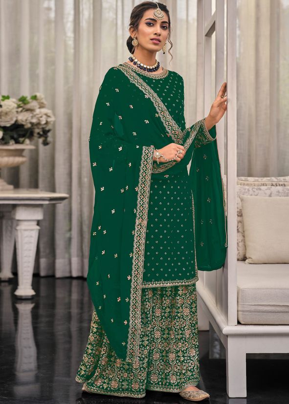 Green Thread Work Georgette Palazzo Suit