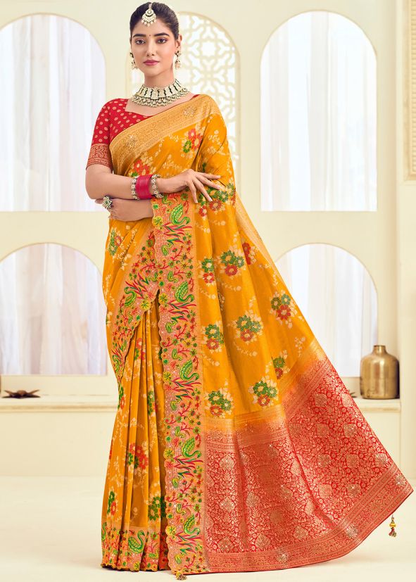 Yellow Embroidered Silk Saree
