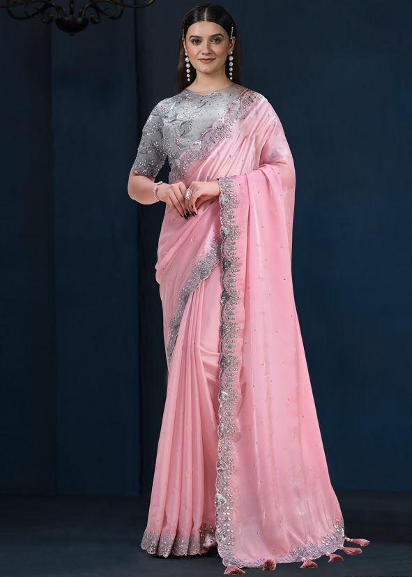 Pink  Embroidered Crape Saree With Blouse