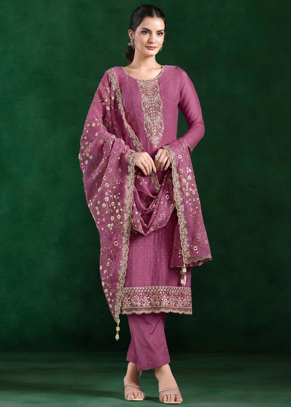 Pink Thread Work Chiffon Pant Suit Set