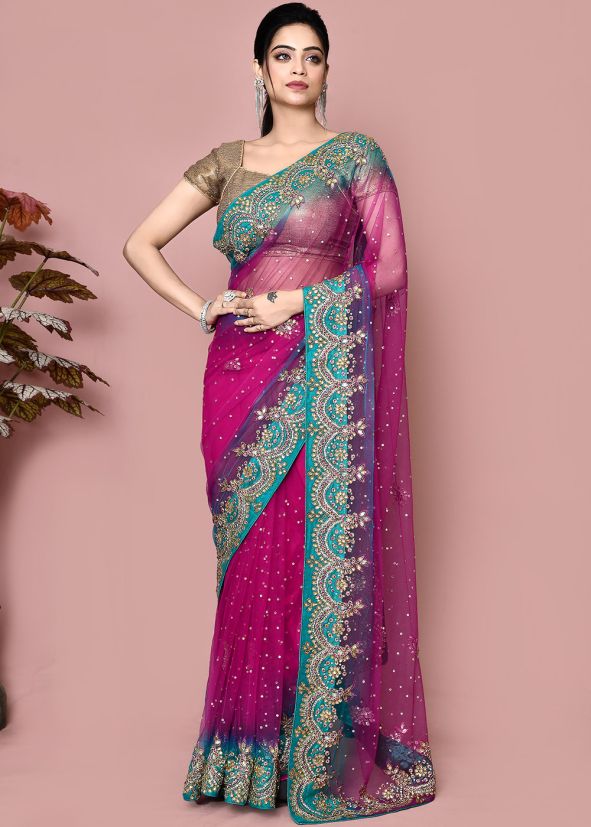 Pink Handwork Net Saree With Blouse