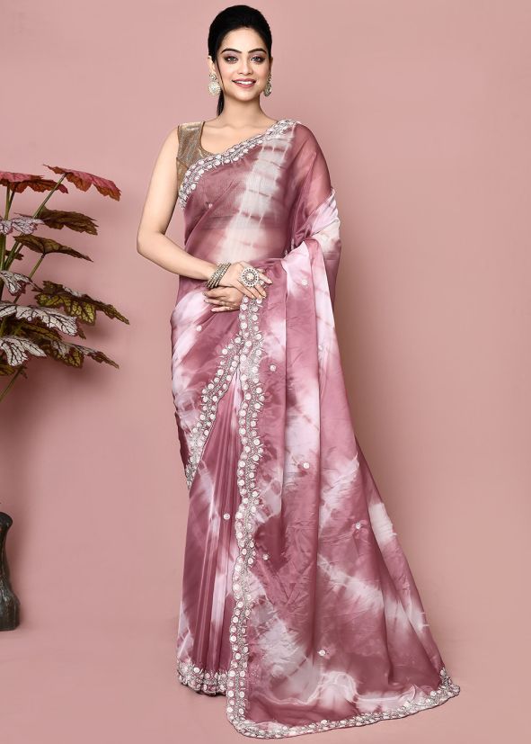 Pink Handwork Saree In Tissue